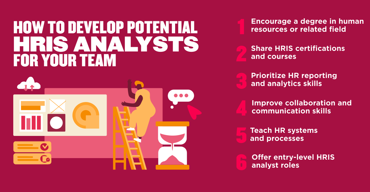 Infographic with six tips for developing HRIS analysts, including encouraging relevant education and teaching HR systems and analytics.