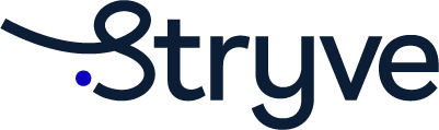 stryve logo with a stylized font and a blue dot, representing a modern brand identity, minimalist design with fluid lines and a professional look